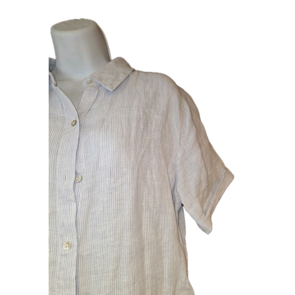 EUC Tahari Blue And White Striped Sleeveless Midi Linen Button Up Dress Sz M - Picture 2 of 5